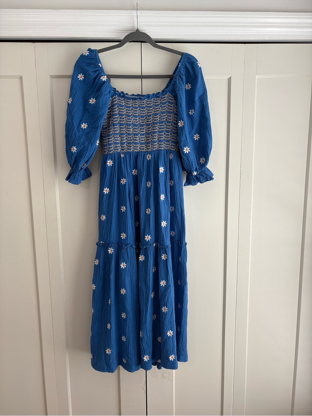 Blue Daisy Embroidered Smocked Midi Dress